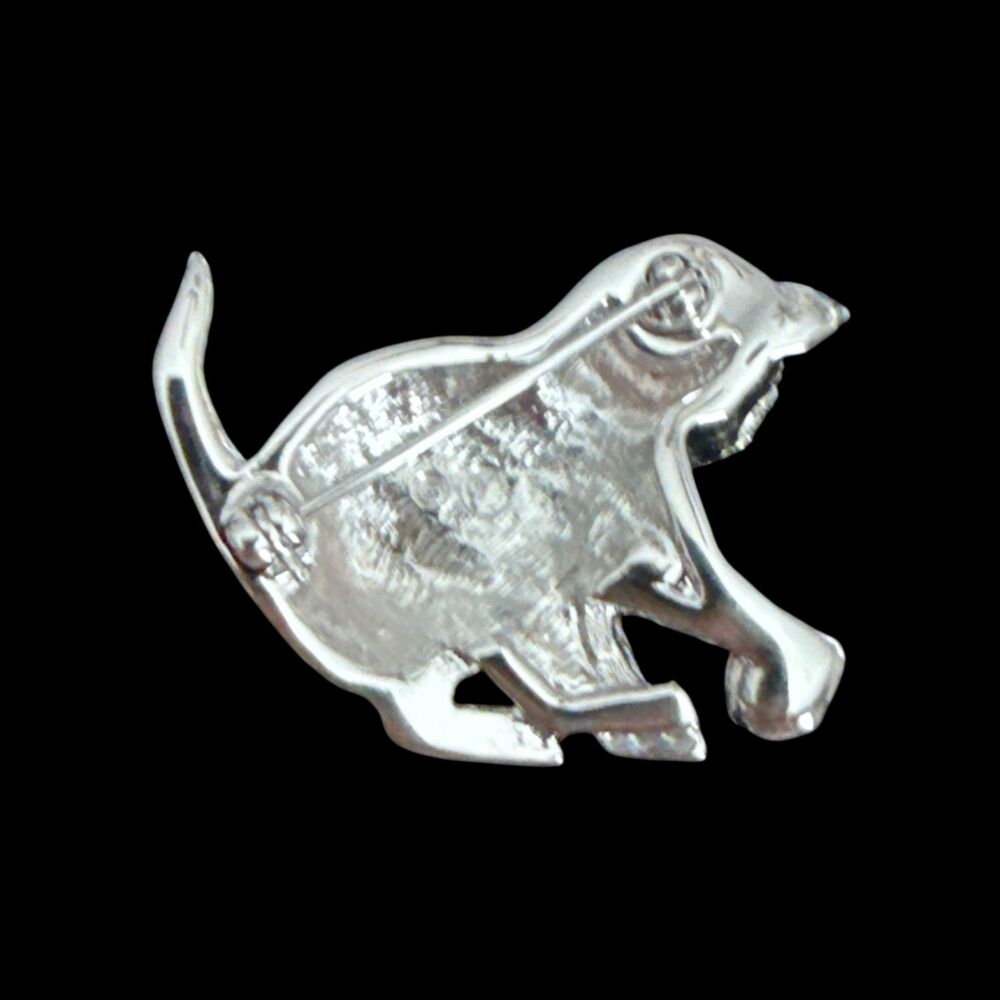 Vintage Rhinestone Cat Brooch Silver Tone Crystal Kitty Pin Pearl Ball - Picture 5 of 5